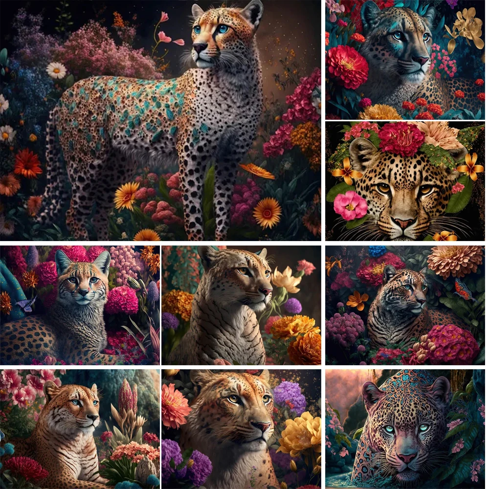 Leopards and Flowers Picture Full Square Round 5D Diamond Painting Mosaic Embroidery Diy Cross Stitch For Home Decorations J3565