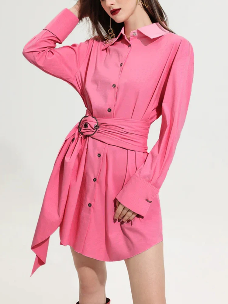 TWOTWINSTYLE Solid Casual Patchwork Belt Blouse For Women Lapel Long Sleeve Spliced Single Breasted Chic Blouses Female Fashion