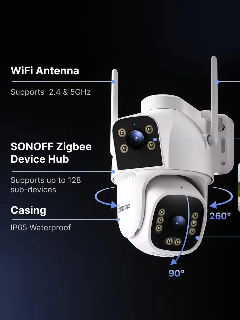 SONOFF CAM Outdoor DUO – inteligentna kamera zewnętrzna do monitoringu, kompatybilna z hubem Zigbee, wyposażona w podwójny obiektyw 4 MP, kolorowy obraz w nocy, Wi-Fi i Ethernet – model CAM-C44HE. — zdjęcie produktu 7