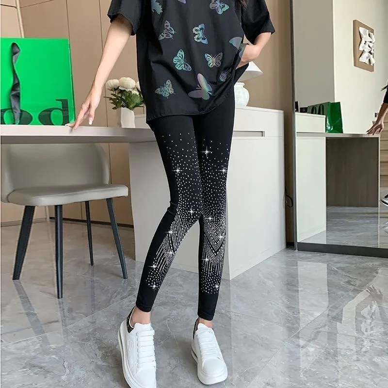 Outono inverno feminino diamantes lantejoulas preto festa clube leggings alta elástico magro calças quentes