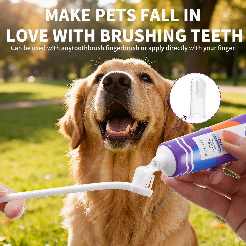 Pet Teeth Cleaning Kit Enzymatic Toothpaste for Cats Dogs with Toothbrush Finger Brush Reduce Plaque Tartar Blueberry Flavor