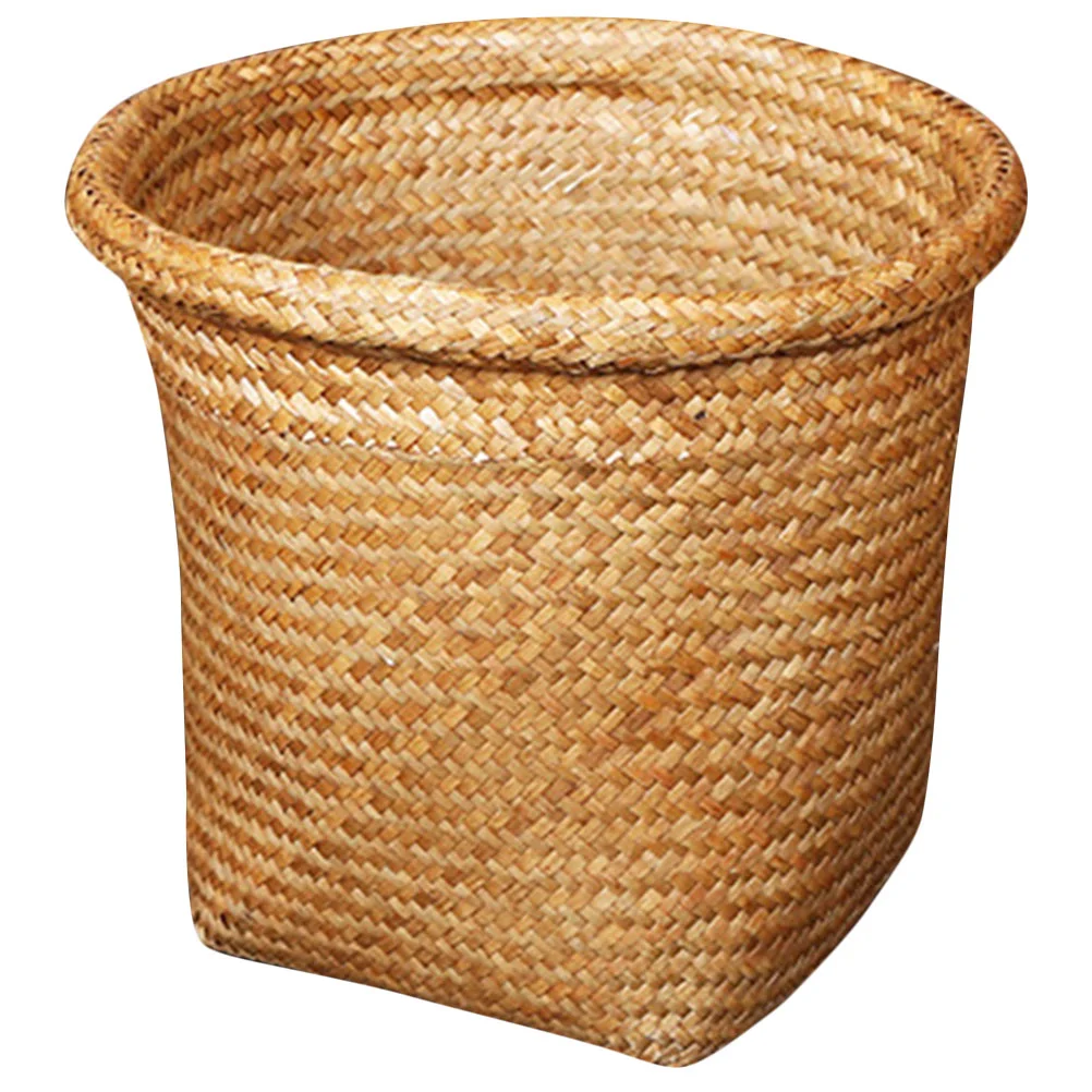 Woven Seagrass Wicker Waste Bin Hand-Woven Wicker Decorative Trash Can Seagrass Garbage Bin Laundry