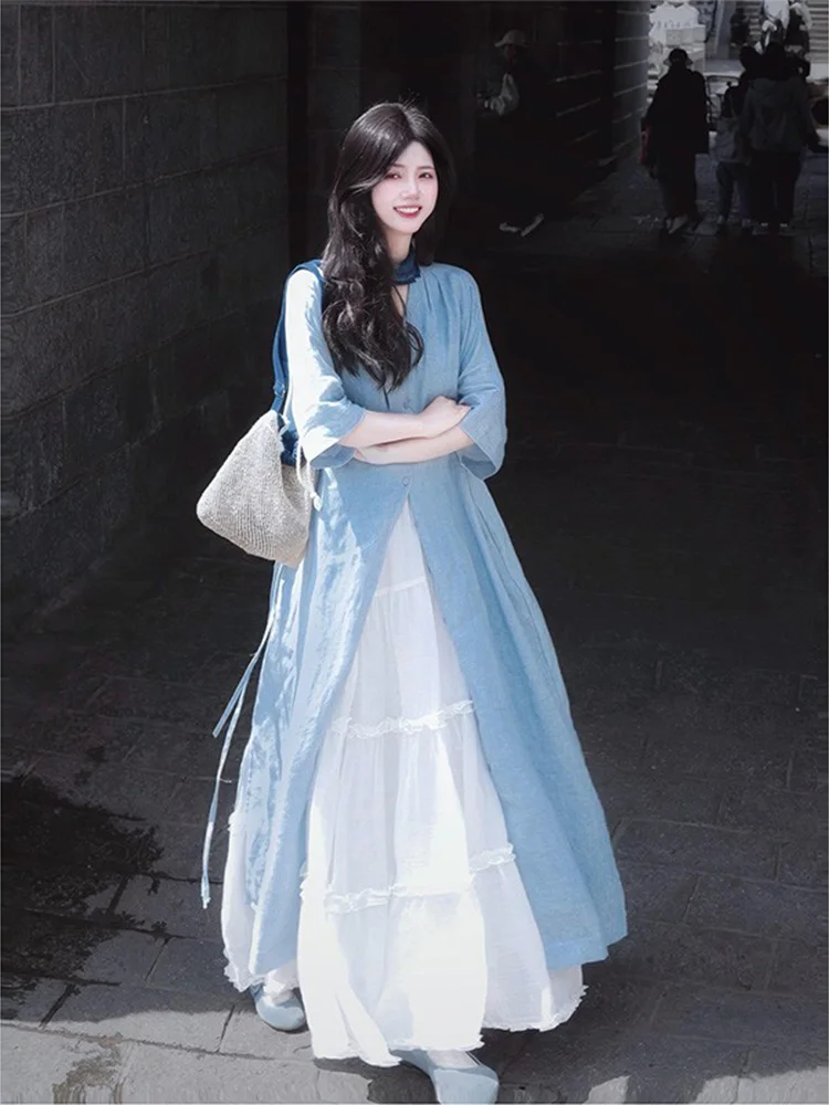 

Loose Blue Long Shirt Dress Women's Korean Style Summer New Lazy Fashion Layering Elegant Gentle Long Shirt Cleanfit Polyeste...