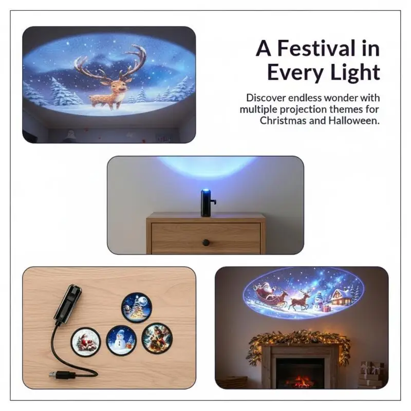 USB Powered Xmas LED Projector Light With 6 Interchangeable Slides For Indoor Party Home Bedroom Decor
