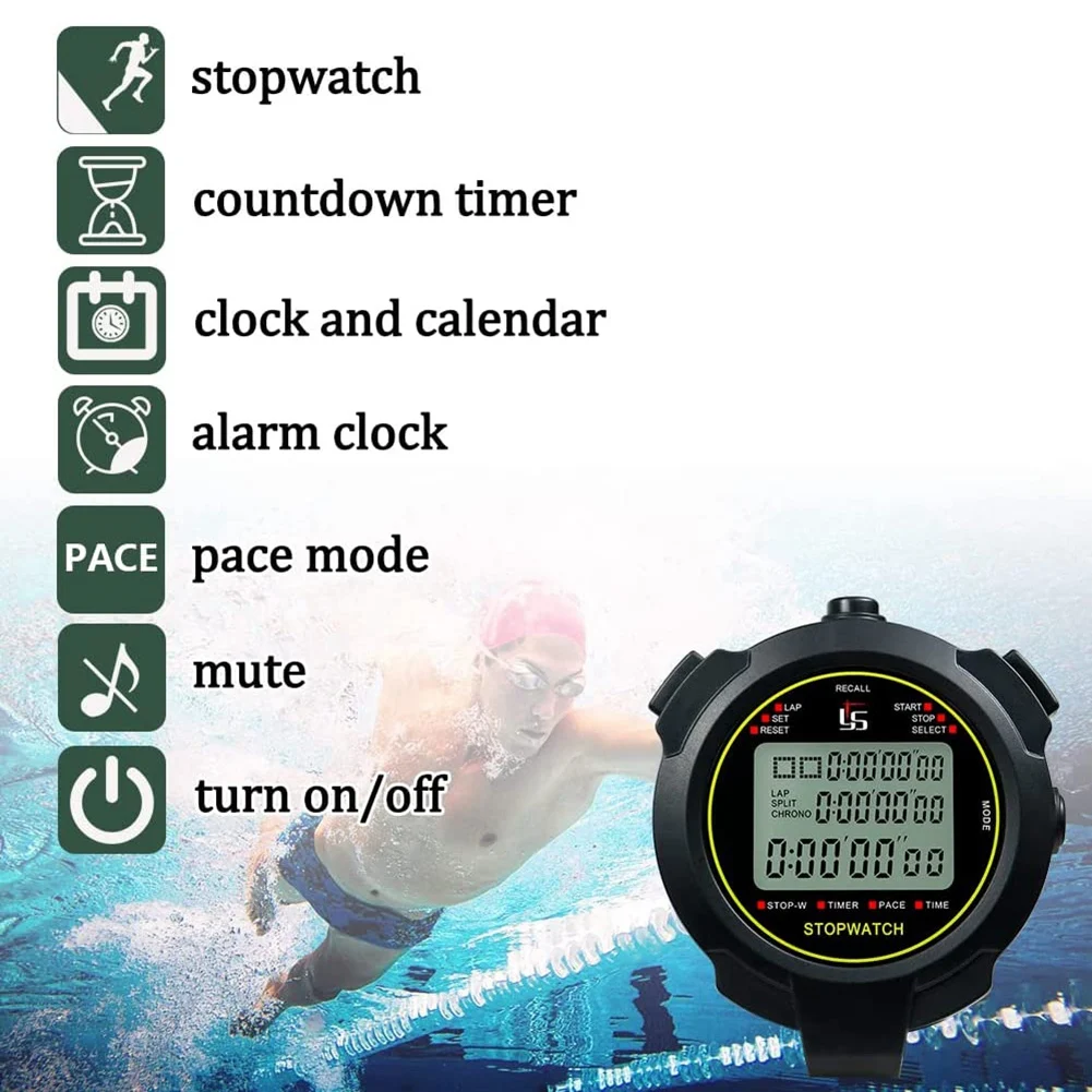 Digital Sports Stopwatch 10Lap /Split Memory Stopwatch Count Down Timer Large Display Waterproof 12/24 Hour Clock