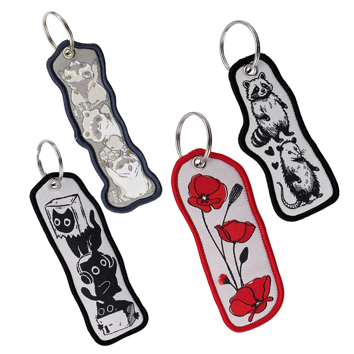 Black Cat Embroidered Keychain Funny Raccoon Key Ring Crochet Weird Quote Key Tag for Bag Backpack Accessories Holiday Gifts