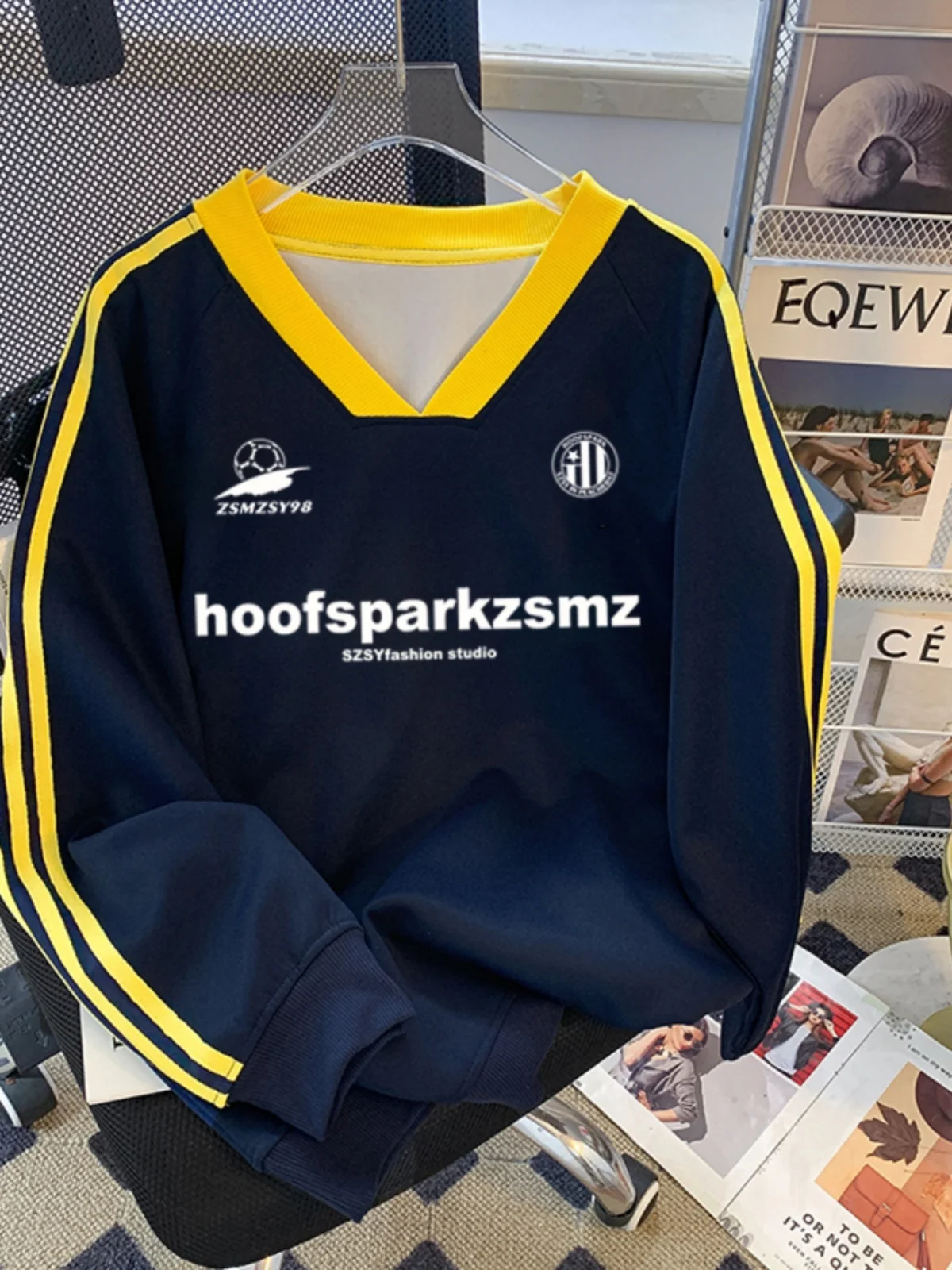 

Свитшот женский больших размеров, свободного кроя, с длинным рукавом, V-образным вырезом, без капюшона, тонкий, весенне-осенний, синий, комфортный, стройнящий топ