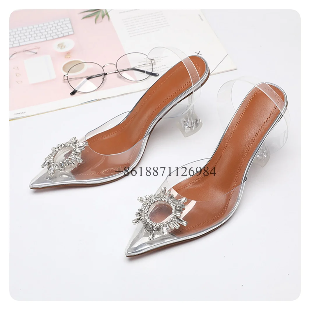 

Transparent Genuine Leather Pointed Toe Summer Women Sandals With Rhinestone Spike High Heels Slip On Design Large Size Shoes