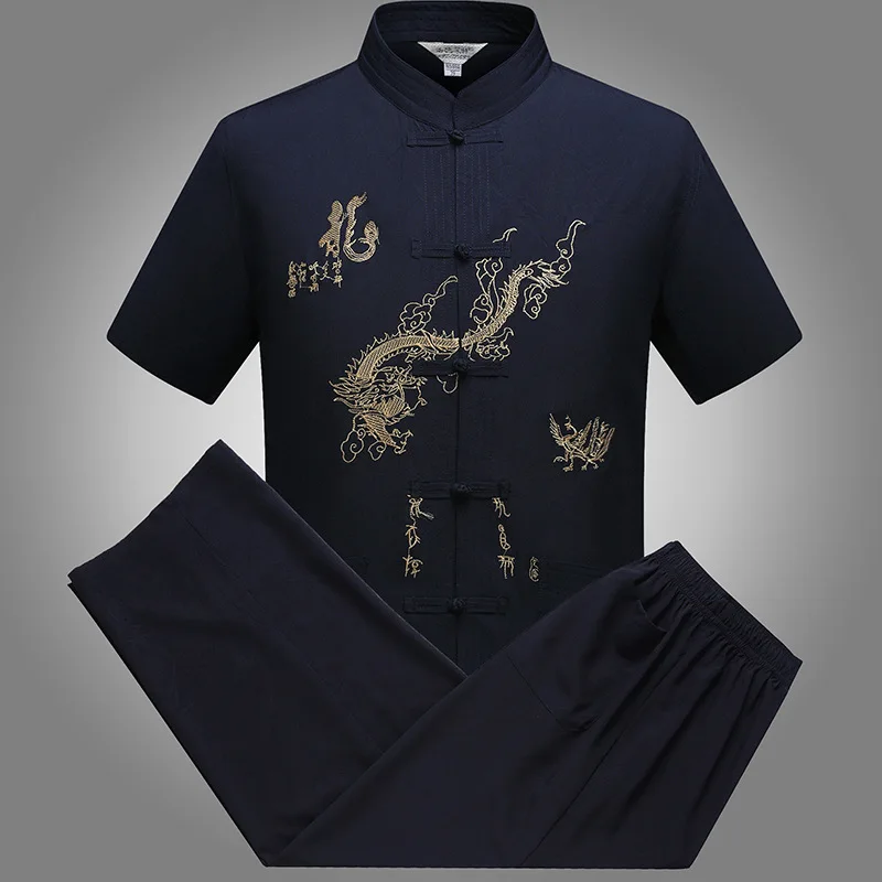 Abito tradizionale da uomo con bottoni a mano, manica corta, vintage, Tai Chi, casual, Hanfu, drago, ricamo, set Kong Fu in raso