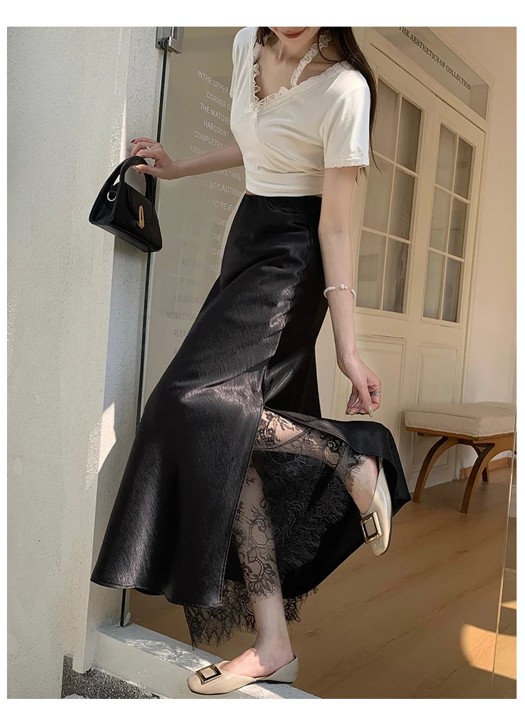 2026 Sommer Herbst Neuer Schlanker Hochwertiger Modischer Halbrock Eleganter Spitzenbesatz Satin Seitenschlitz Damen Midi-Rock – Detail 24