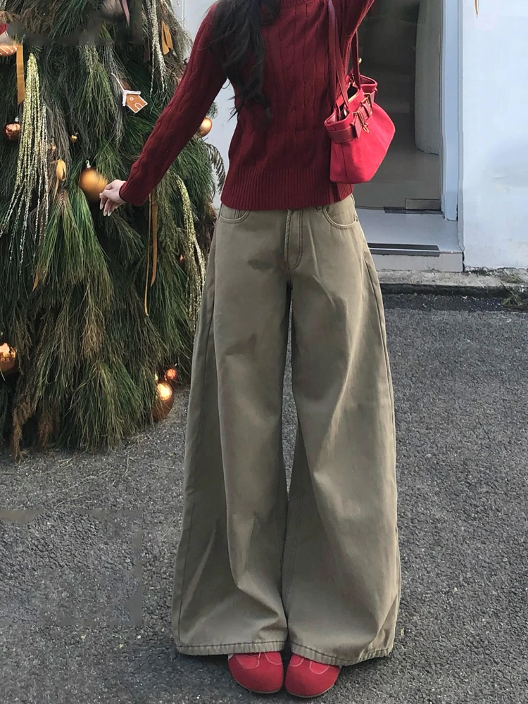 

High Waist Loose Fit Khaki Denim Pants Women's Spring New Style Vintage Blade Shape Casual Straight Leg Trousers