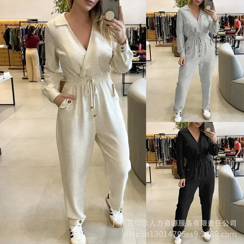 Jumpsuit Women Solid Color Long Sleeve Overall Pants Jumpsuits Ankle Length Lapel V-neck Collar Shirred Drawstring Waist