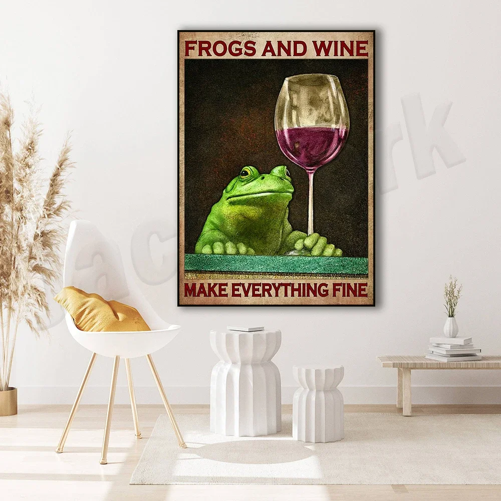 Frogs And Wine Make Everything Fine Poster, Funny Frog Art, Animal Prints, Vintage Wine Prints, Home Bedroom Decor, Wine Gifts