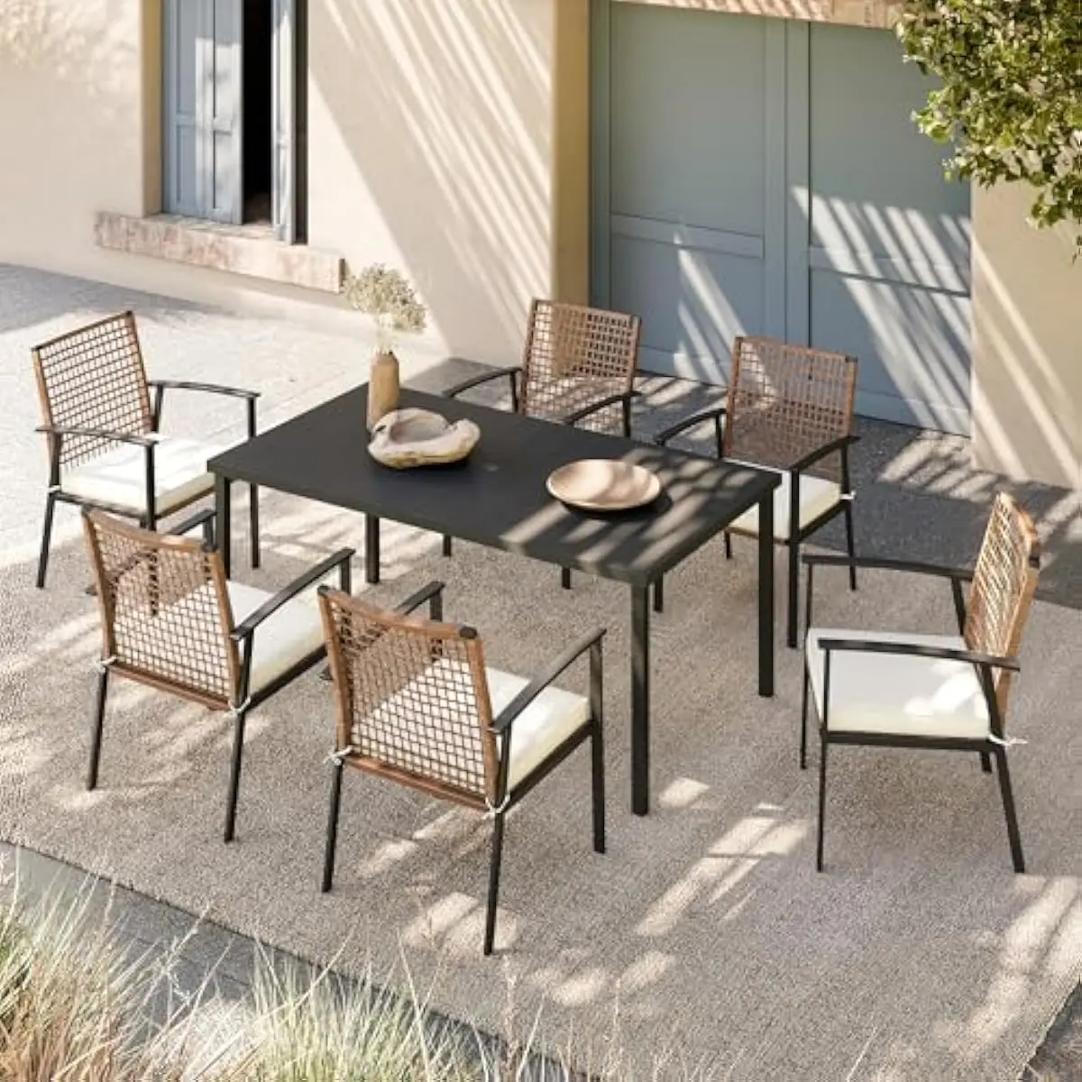 7-Piece Outdoor Dining Ensemble Featuring 6 Rattan Chairs with Thick Water-Resistant Cushions Plus Oversized Textured Table with
