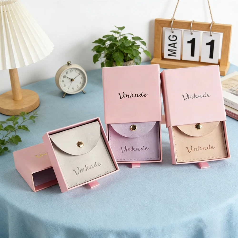 

50Pcs Custom Logo Jewelry Necklace Earring Packaging Slider Box and Microfiber Envelope Snap Pouch Drawer Paper Gift Boxes Bag