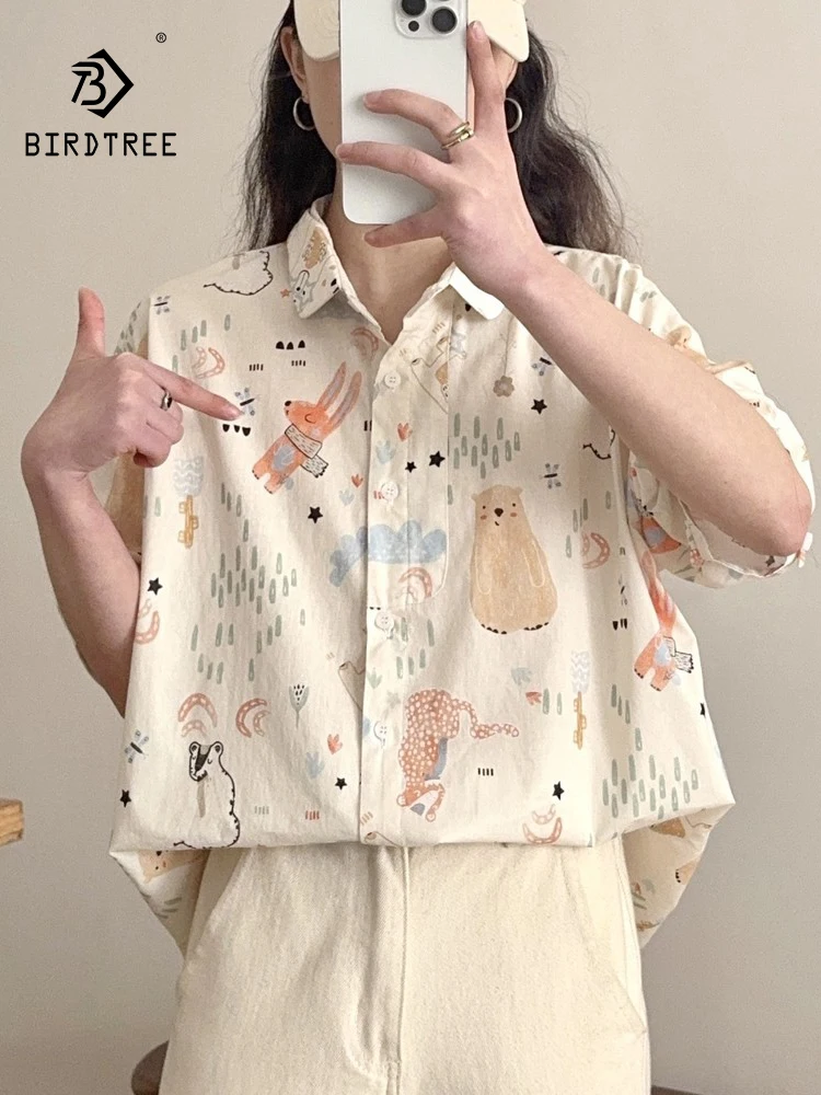 

New 2025 Summer Cotton Short Sleeve Shirt, Women Turn-down Collar Cute Print Mori Girl Sweet Age Reduction Loose Blouse T57684CC