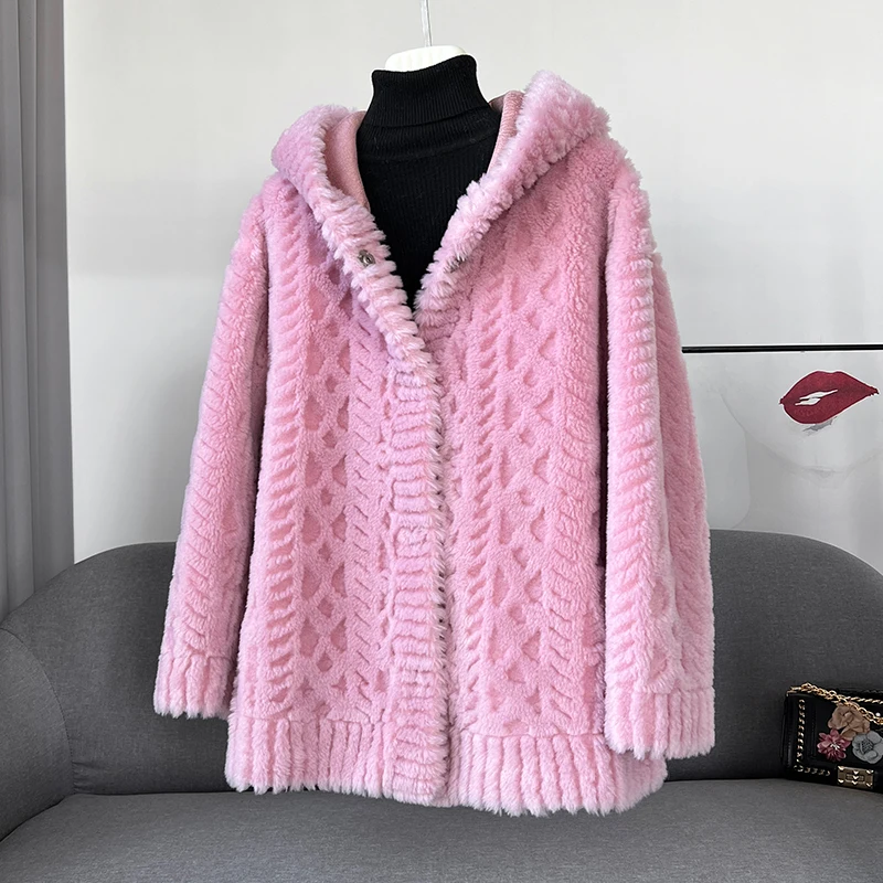 Lady Women Sheep Shearling Fur Winter Coat Female Girl Winter Warm Hooded Overcoat JT3296