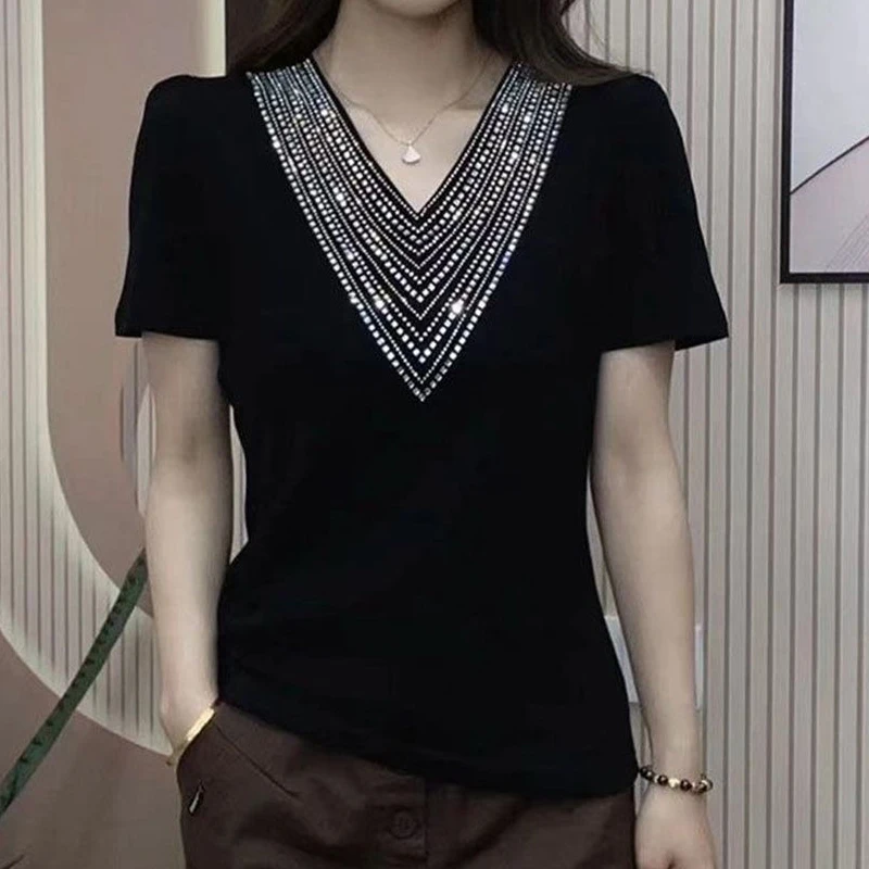 Camiseta de manga corta con cuello en V para mujer, jerséis de retazos de diamantes de imitación delgados informales, Tops elegantes que combinan con todo, moda de verano