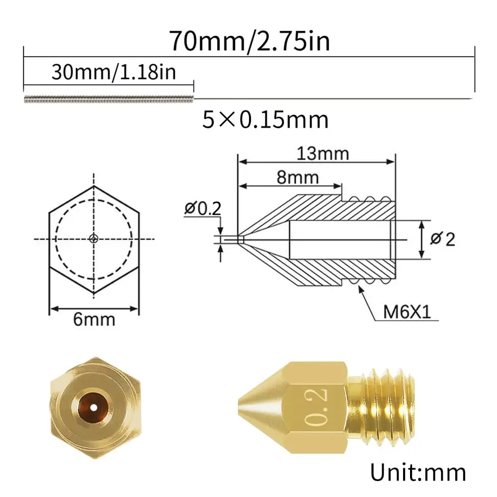 10Pcs 0.2mm 3D Printer Nozzles MK8 Extruder Nozzles for Creality Ender 3/3 Pro/3 V2, Ender 5/5 Pro, CR-10/10S