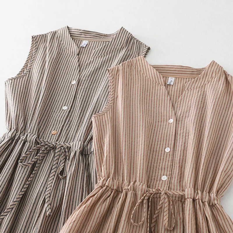 Retro Striped Cotton Linen Sleeveless Dress Women Summer Natural Waist V-neck A-line Long Dress Breathable Comfortable Midi D...
