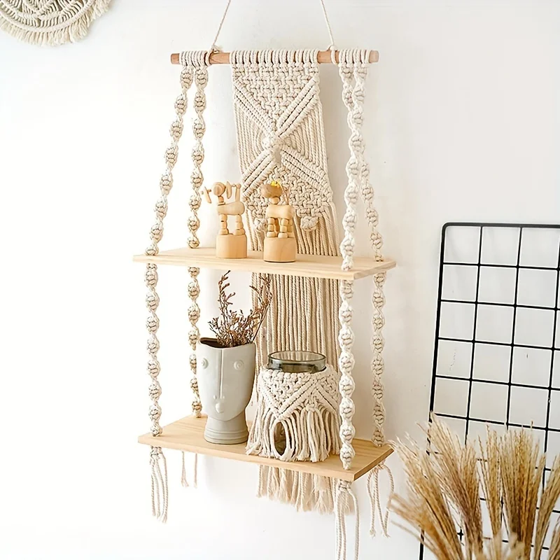 Bohemian Handmade Macrame Woven Wall Hanging, 2-Tier Floating Shelf, Rustic Wooden Home Decor Storage for Bedroom Bathroom