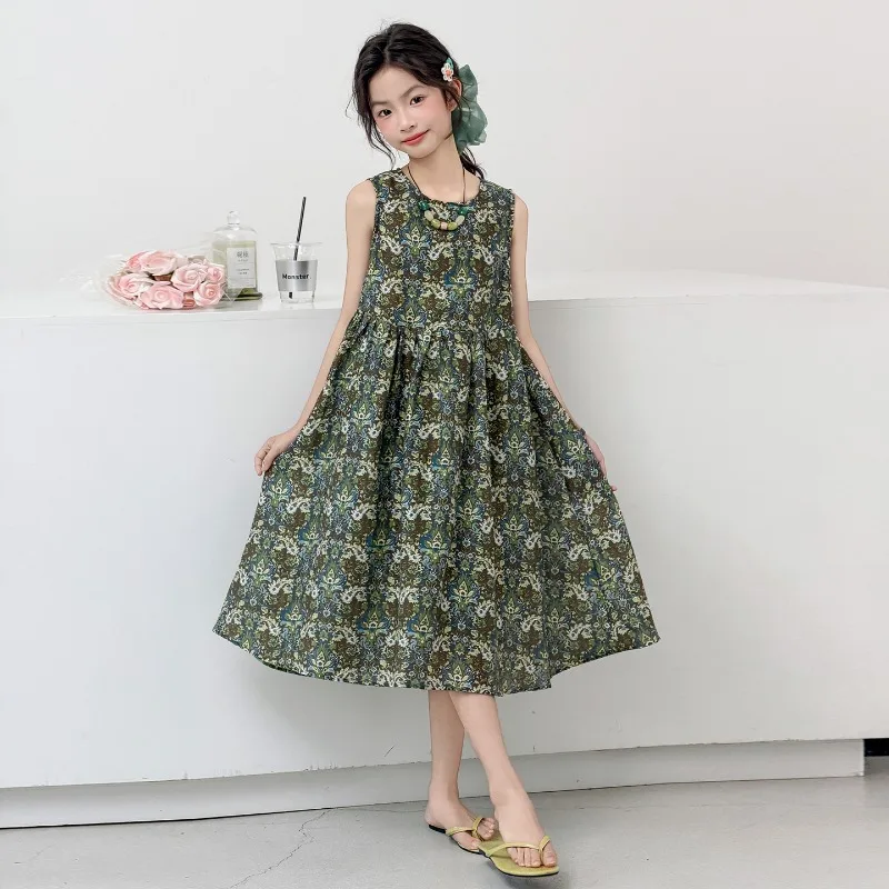 robe-d'ete-2026-sans-manches-a-motif-floral-respirante-style-vintage-coupe-trapeze-pour-filles-vetements-pour-enfants-amples-et-confortables