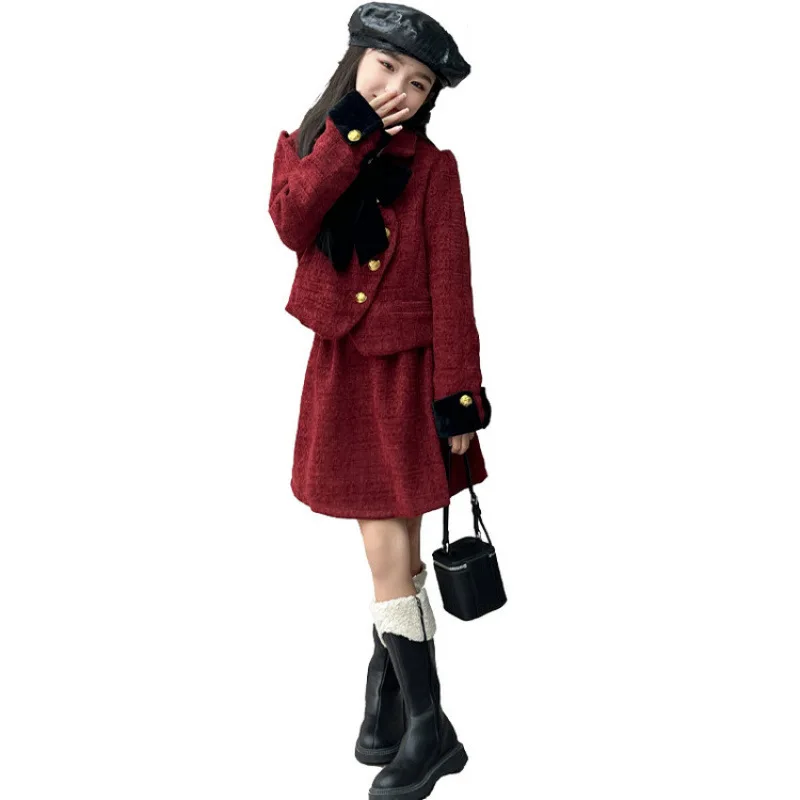 Teen Girls Christmas Red Skirt Clothes Set French Design Chic Big Bow Coat+Skirt 2pcs Junior Kid Suit Child Outfits Conjuntos