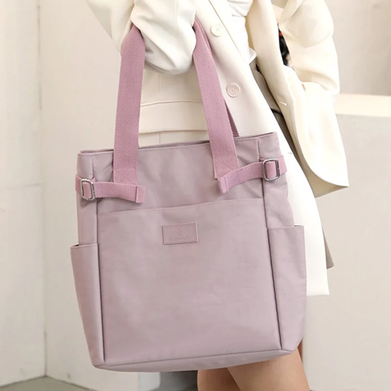 New Women Tote Bag Purple Crossbody Bag Solid Color Large Capacity Simple Student Nylon Hand Bag