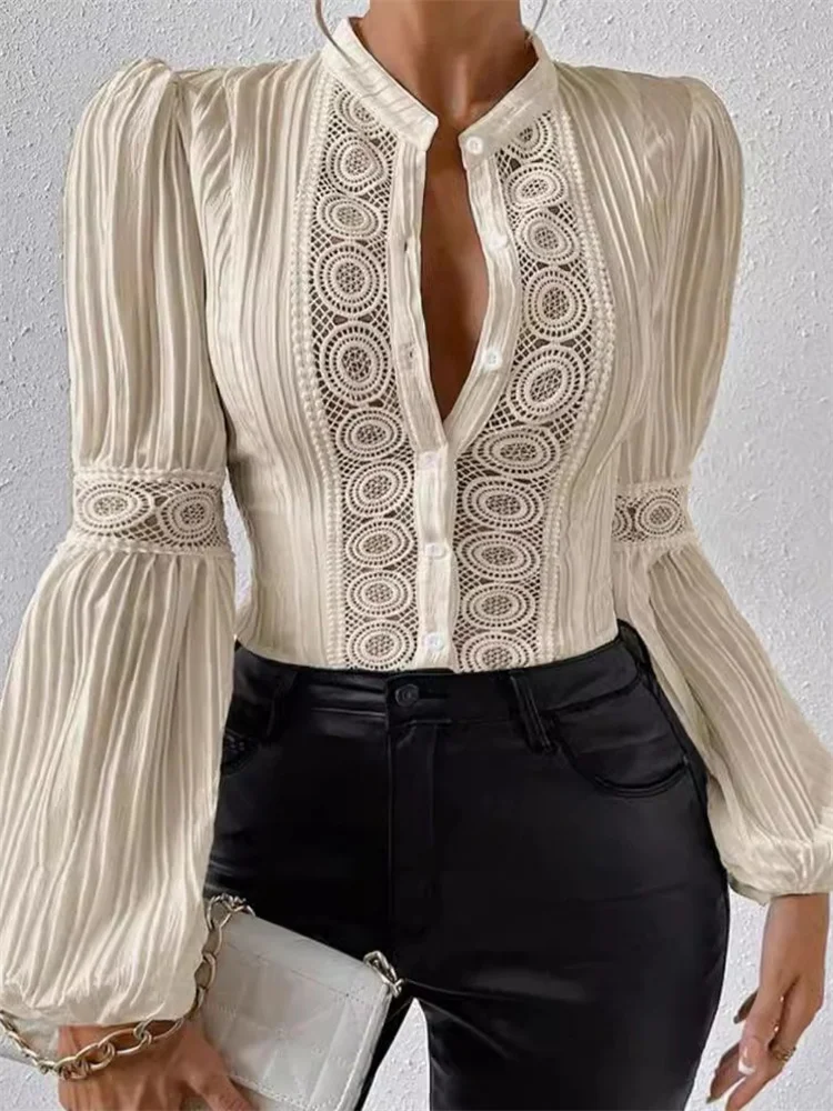 

Wmstar женский топ оптовая продажа кружевной лоскутный фонарь с длинными рукавами однотонная рубашка с воротником-стойкой дропшиппинг осенняя одежда