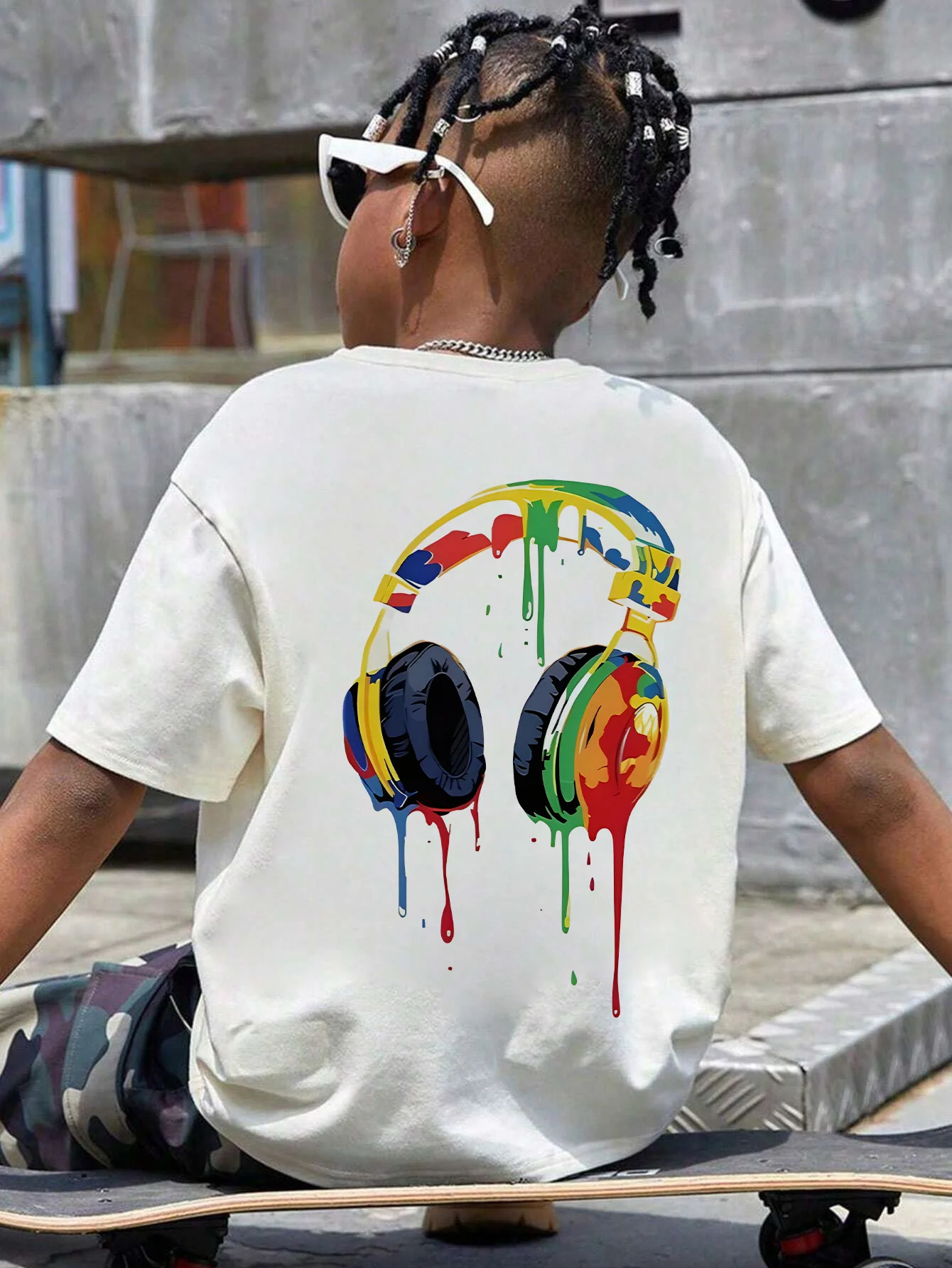 1‑Piece BoysLoose School‑Style T‑Shirt Color Drip‑Oil Headphone Print Short‑SleeveTop ForTeens Machine Washable Easy‑Care Fabric