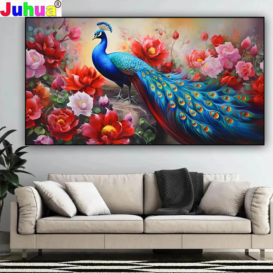 100x200cm Peacock Diamond Painting Flower Blooming Wealth Set DIY Large Size Horizontal Version Full Diamond Mosaic Art Decor