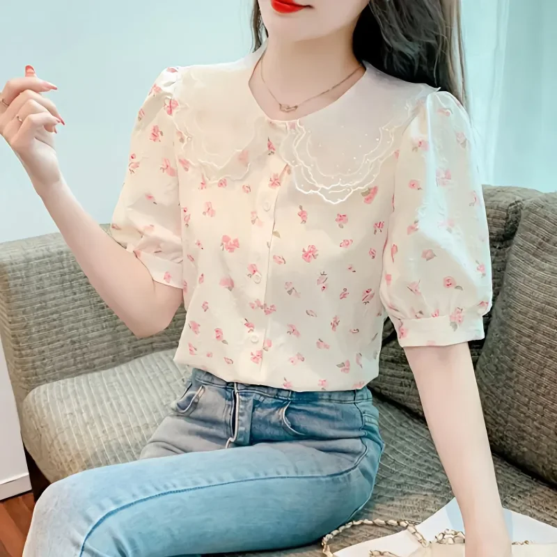 Chic Summer Floral Print Chiffon irt Women's Faionable Doll Collar ort Sve Ele Top Korean Sle Bubble Sve