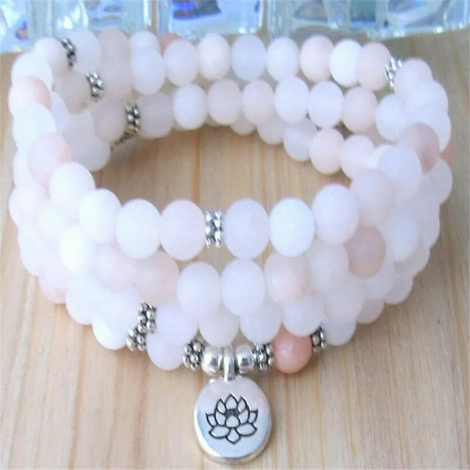 

6mm Pink Crystal Bracelet 108 Beads Lotus Pendant Women Men Yoga Mala Stones Handmade Health Wrap Prayer