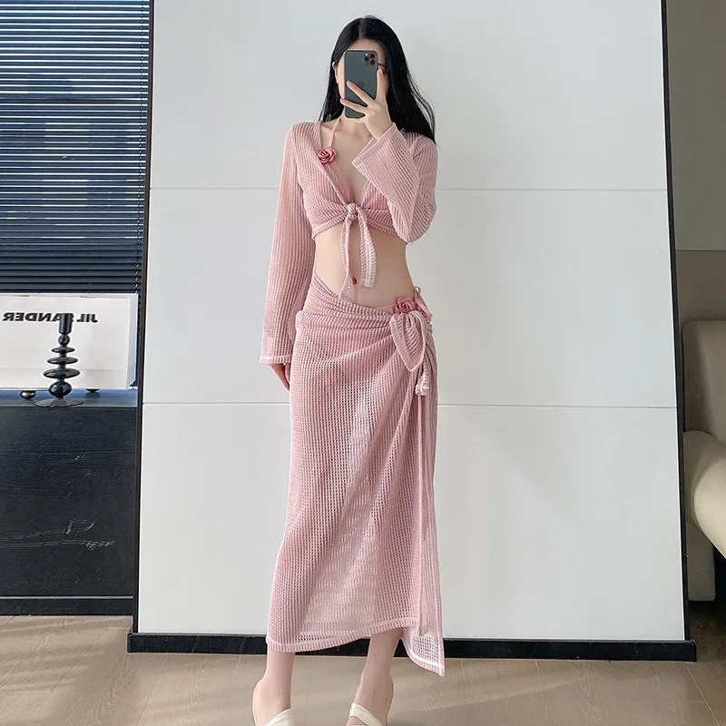

New Pink Split Swimsuit, Conservative Long Sleeved Sunscreen Cover, High-end Gathering Swimsuit, Water Color, Sexy and Slimming