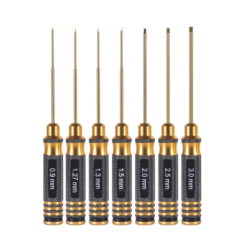 

7-piece set with gold round handle and titanium plated hexagonal inner corner Steel Hex Screwdriver Set 0.9/1.27/1.3/1.5/2.0/2.5