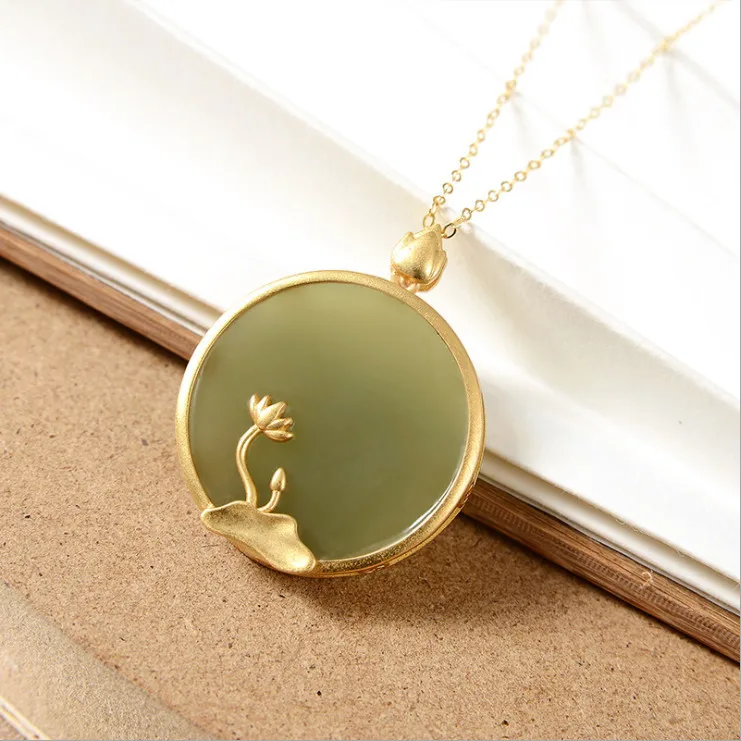 Silver inlaid natural Hetian jade lotus blossom round brand Pendant Necklace Chinese style retro charm women's jewelry