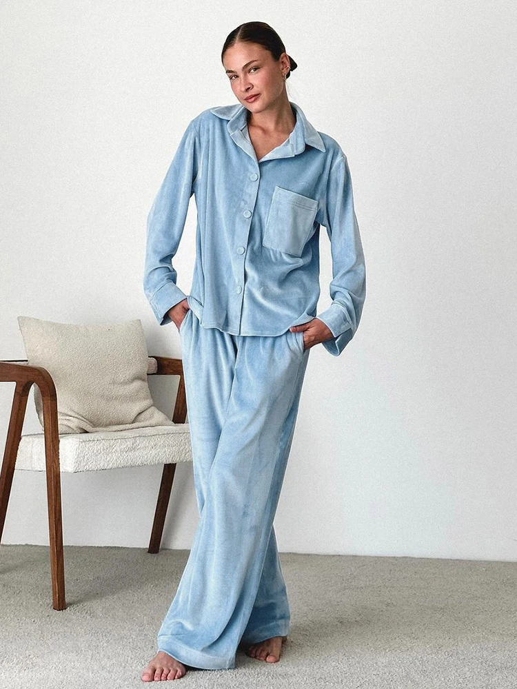 HiLoc Elegant Blue Knitted Velvet Pants Pajamas Sets 2 Pieces Autumn Long Sleeve Pockets Shirts Solid Long Pants Sleepwears 2024