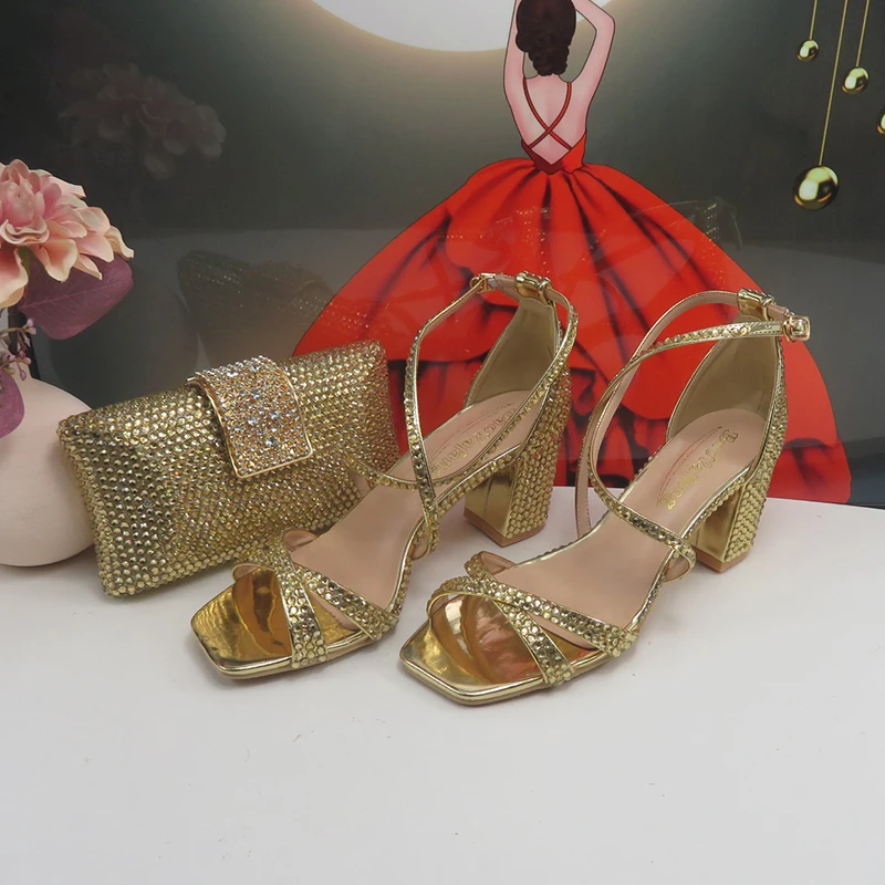 

New Champagne Thick Heel Bridal Wedding shoe and purse Set Woman Pumps Female Evening Party Shoes Open Toe Shoes Fashion Sandals