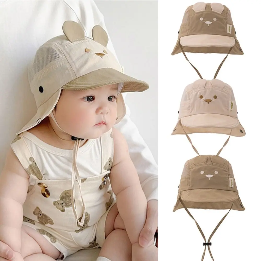 

New Cartoon Bear Ear Summer Baby Hat Embroidery Quick Dry Sun Cap Breathable Neck Protection Fisherman Hat Boys Girls