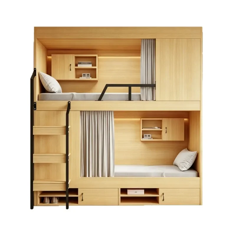 Space Saving Loft Bed with Privacy Curtain and Storage Compartments for Apartment Dormitory