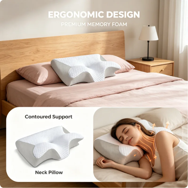 Butterfly Cervical Sleep Pillow Memory Foam Slow Rebound Orthopedic Neck Pain Relief Easy Care for Side Back Stomach Sleepers