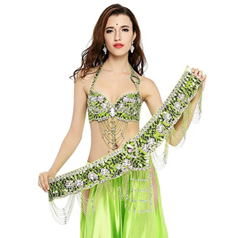 Women Belly Dance Costume Outfit Set Bra Top & Belt Bellydance Hip Scarf Bollywood S M L XL B C Cup Handmade 13 Colours