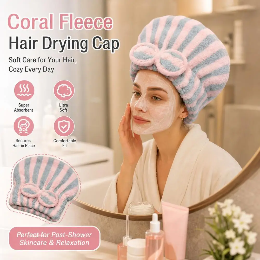 Microfiber Hair Drying Cap Coral Fleece Super Absorbent Fast Dry Towel Wrap Cute Bow Shower Cap for Women