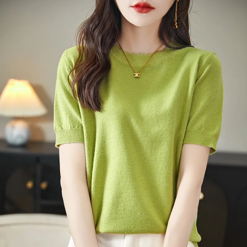 2024 Spring/Summer Women\'s Short sleeved Women\'s Cashmere Sweater Pullover Tank Top T-shirt Knitted Bottom Sweater Pullover