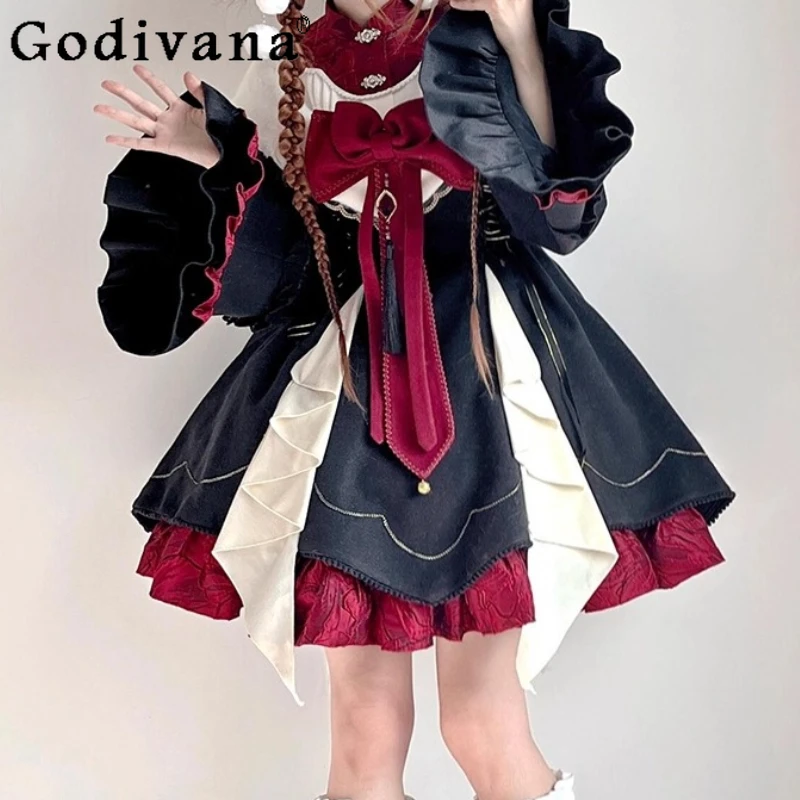 

Gothic Cos Black Red Chinese Lolita Ruffles Long Sleeve Dresses Temperament High Waist Age-reducing Fashion Halloween Dress
