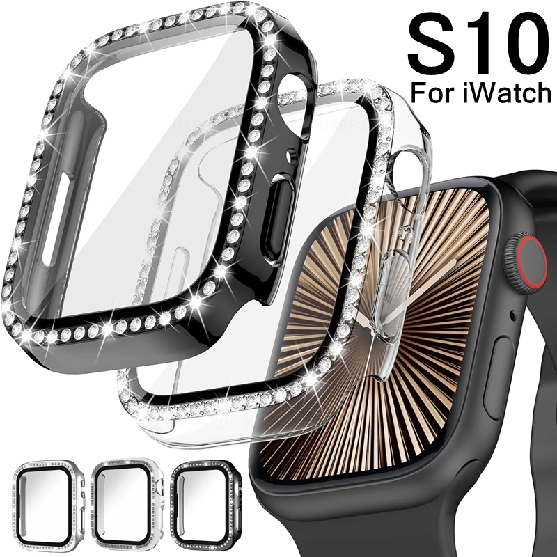 Crystal Shine Diamond Case and Glass Protector Film For iWatch Series 10 42MM/46MM Electroplate Bling Bumper Cover For iWatchS10