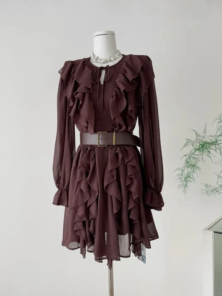 

Новое летнее модное мини-платье из сетки с асимметричным подолом, в корейском стиле, с рюшами, тонкими длинными рукавами и поясом, универсальное, для женщин.