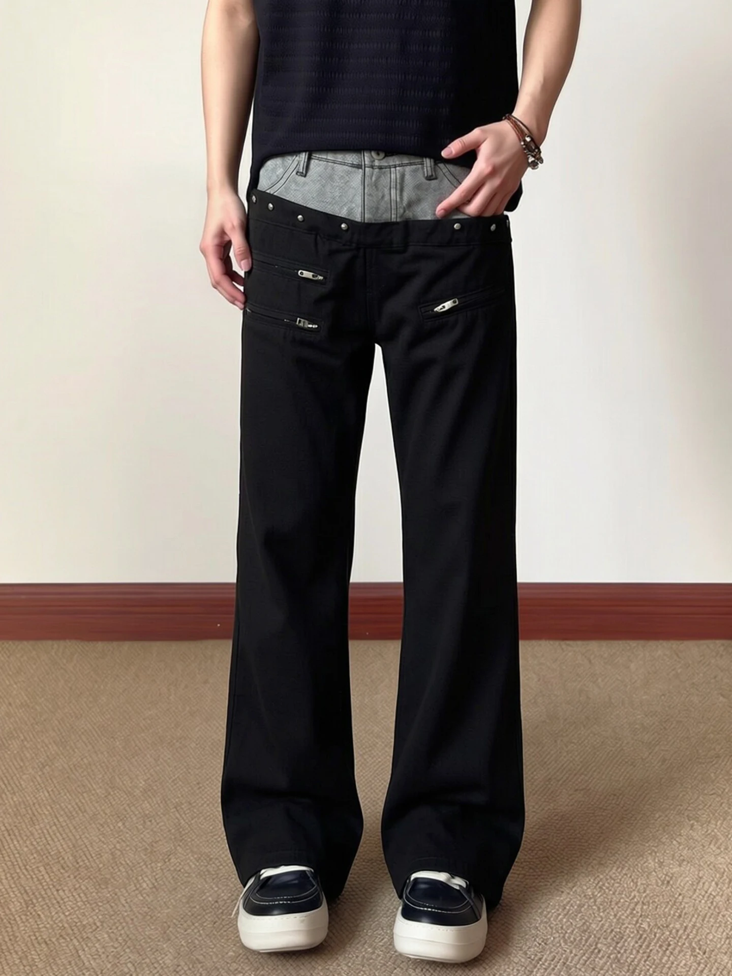 Men's Street Style Wide Leg Jeans Micro Flared Zipper Waist Buckle Straight Tube Jeans Youth Popular Autumn Season Casual Wear