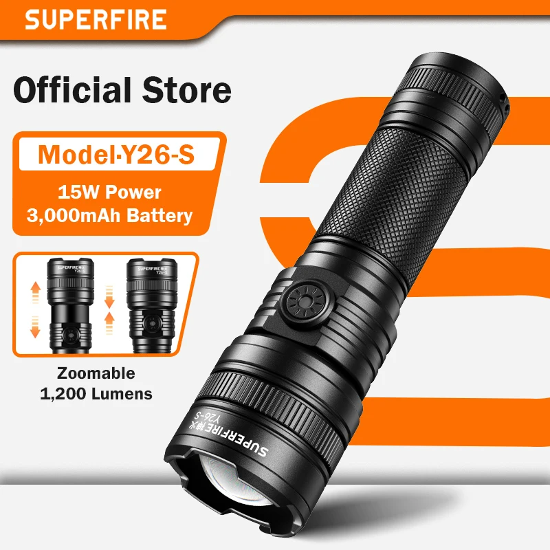 

SUPERFIRE Y26 15 Вт мощный светодиодный фонарик мощный зум-фонарик 600 м диапазон портативный фонарь долговечная перезаряжаемая лампа для кемпинга