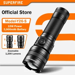SUPERFIRE-Torche LED portable aste, lampe de poche à n'aime injuste, lanterne longue durée, lampe de camping, portée 600m, 15W, Y26